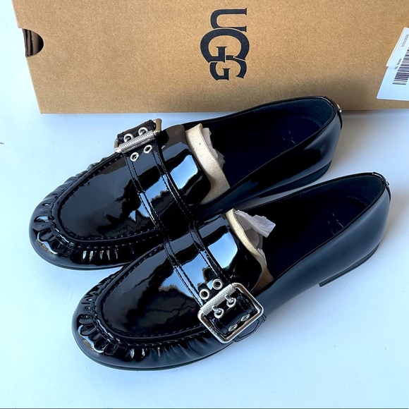 UGG Shoes - UGG Black Patent Leather Loafer Slip On Shoes with Buckle